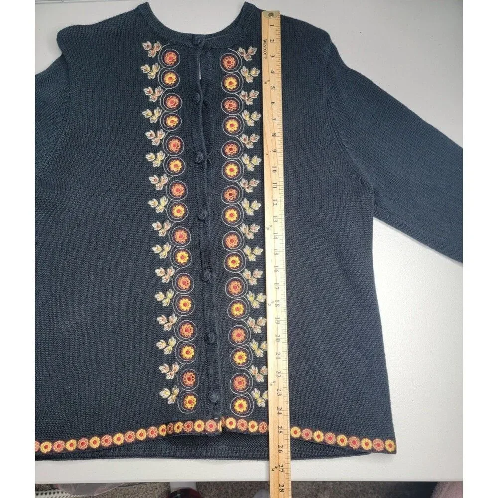 Vtg Bechamel Womens L Black Knit Embroidered Autum Leave Floral Button Cardigan